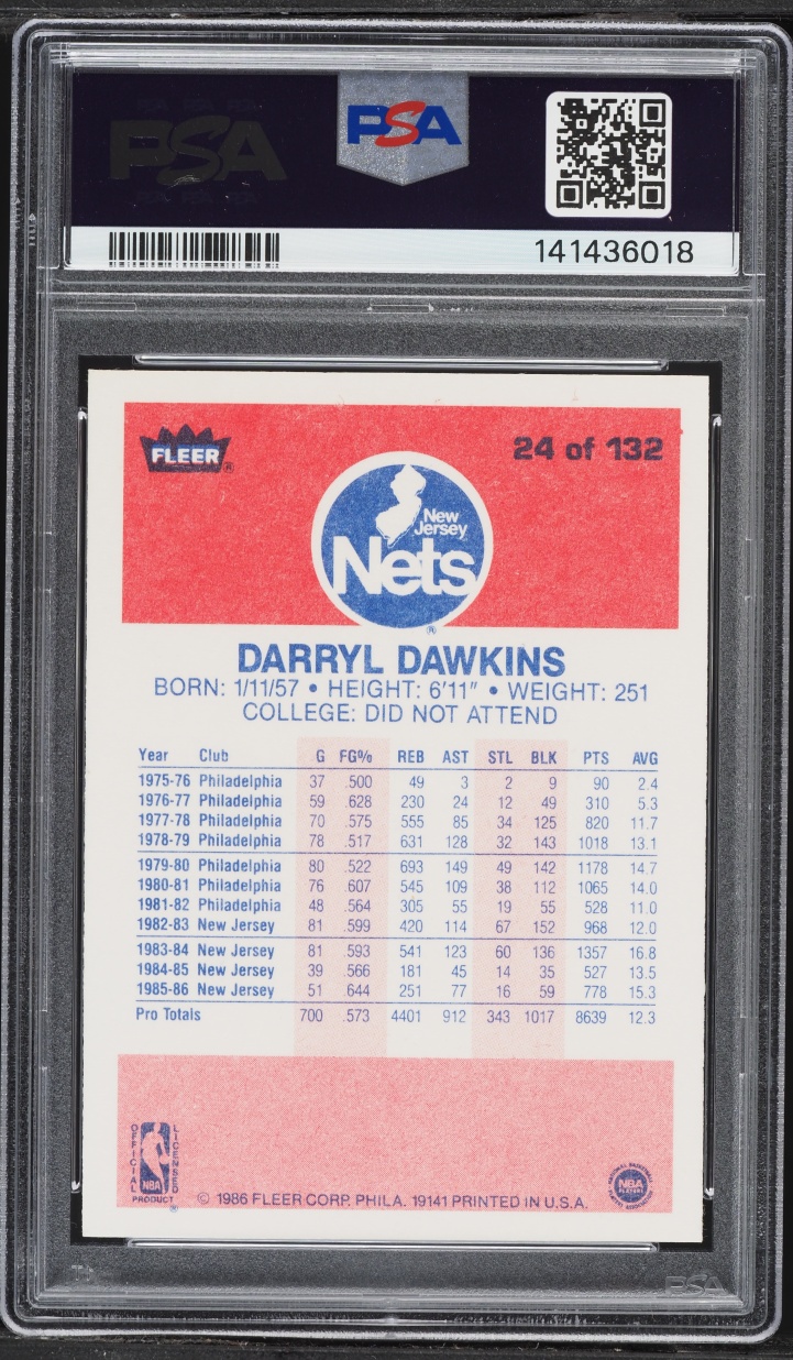 1986 Fleer Basketball Darryl Dawkins #24 PSA 7 NRMT