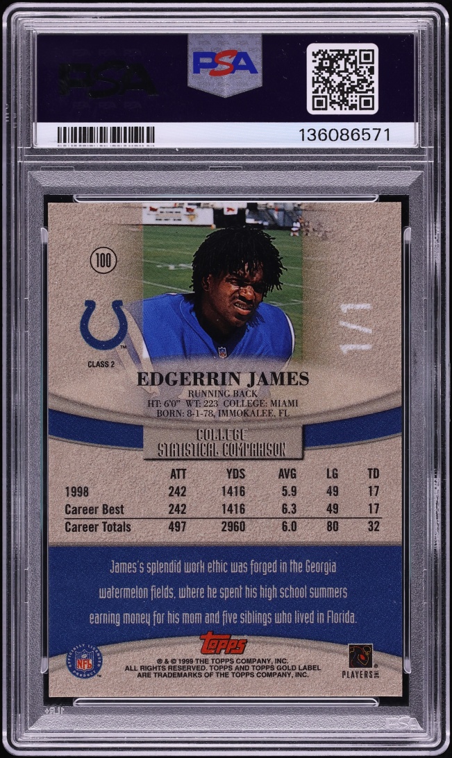 1999 Topps Gold Label Class 2 Red Label Edgerrin James ROOKIE 1/1 #100 PSA 8 NM-MT