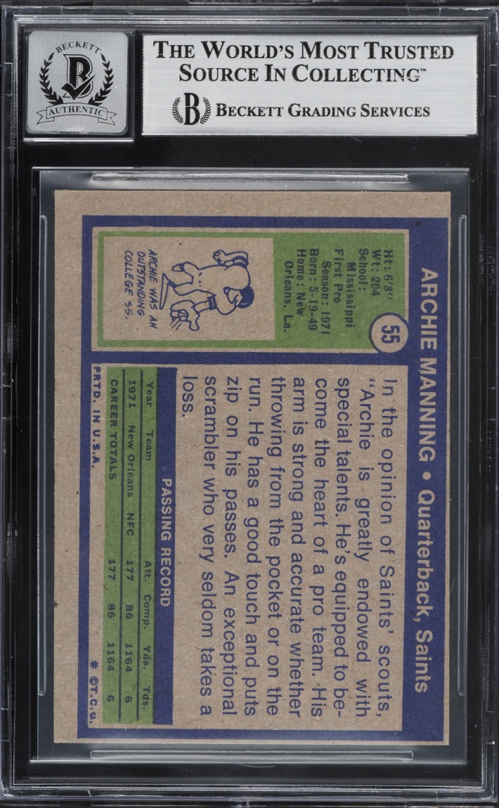 1972 Topps Football Archie Manning ROOKIE AUTO #55 BGS AUTH