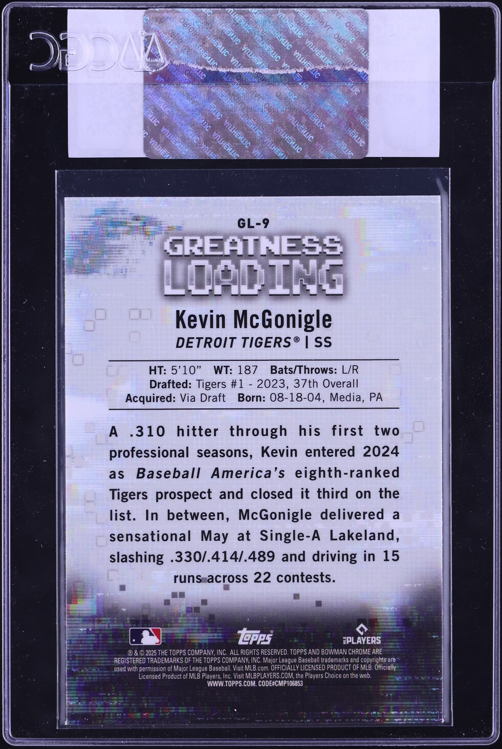 2025 Bowman Greatness Loading Kevin McGonigle PROPSECT #GL-9 CGC AUTH