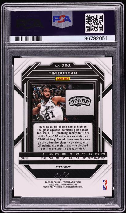 2022 Panini Prizm Black Tim Duncan 1/1 #293 PSA 9 MINT