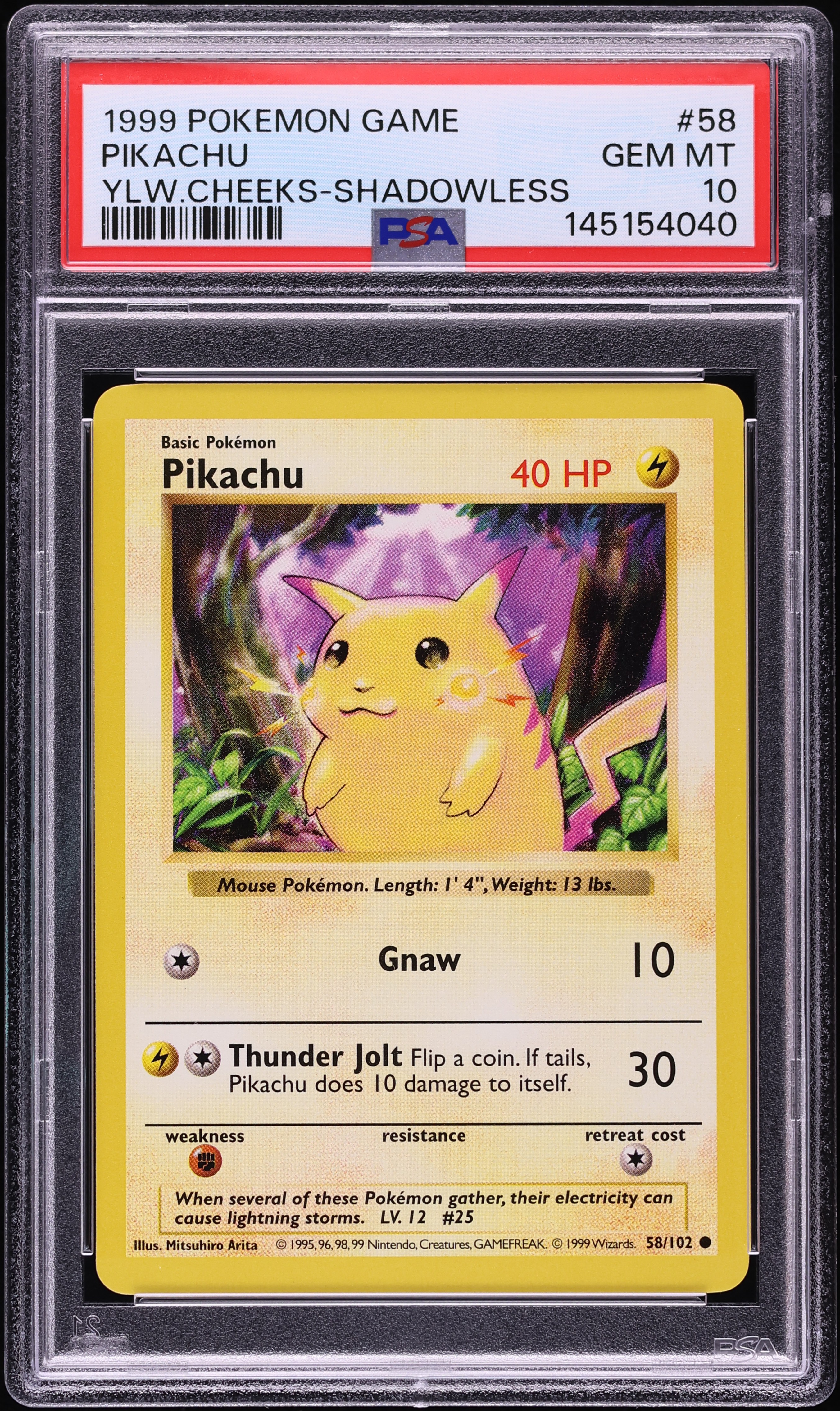 1999 Pokemon Base Set Shadowless Yellow Cheeks Pikachu #58 PSA 10 GEM MINT