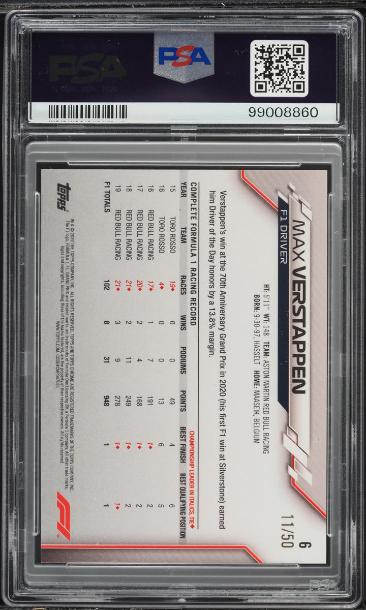 2020 Topps Chrome Formula 1 F1 Sapphire Gold Max Verstappen /50 #6 PSA 8 NM-MT