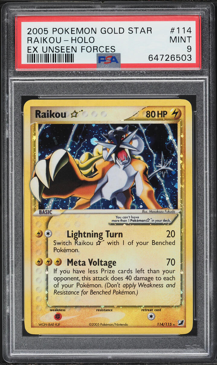 2005 Pokemon EX Unseen Forces Holo Raikou Gold Star #114 PSA 9 MINT