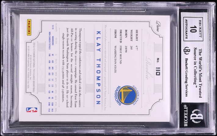 2012 National Treasures Klay Thompson ROOKIE PATCH AUTO /199 #110 BGS 9 MINT