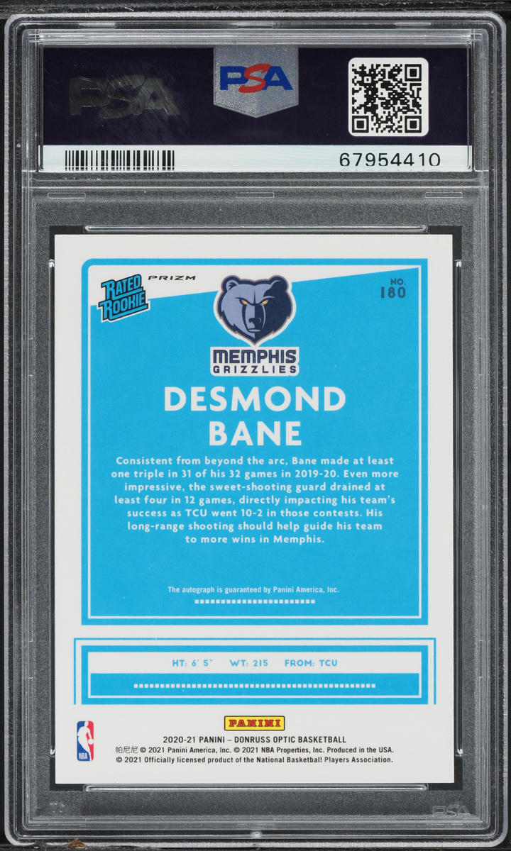 2020 Donruss Optic Choice Desmond Bane ROOKIE AUTO #180 PSA 10 GEM MINT