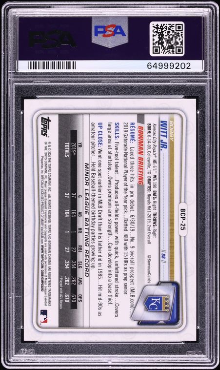 2020 Bowman Chrome Red Refractor Bobby Witt Jr. PROSPECT /5 #BCP-25 PSA 10 GEM MINT