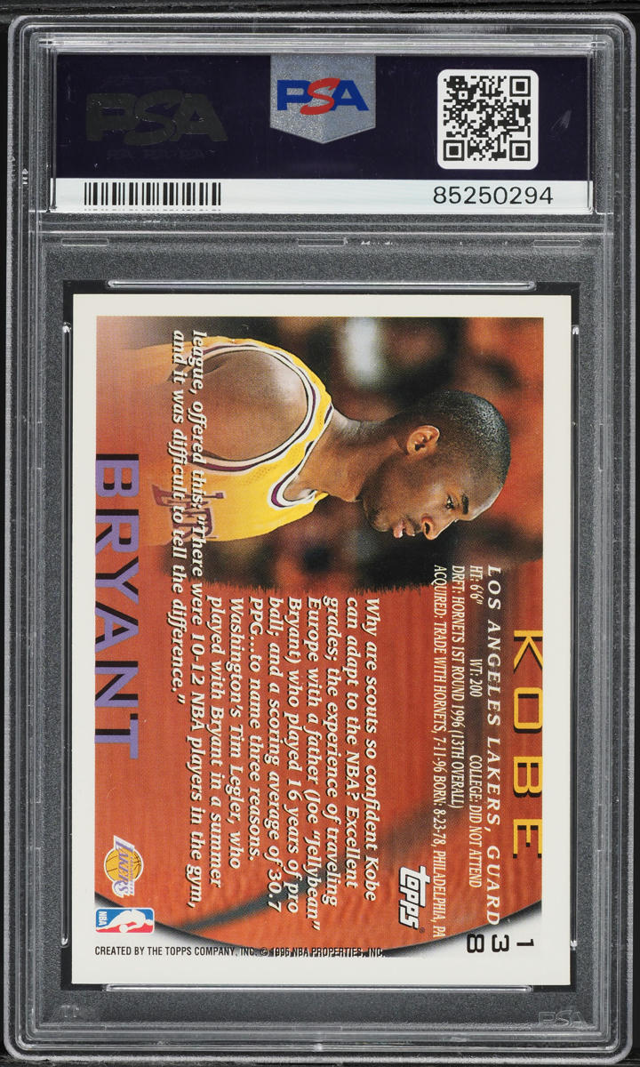 1996 Topps Basketball Kobe Bryant ROOKIE #138 PSA 9 MINT on