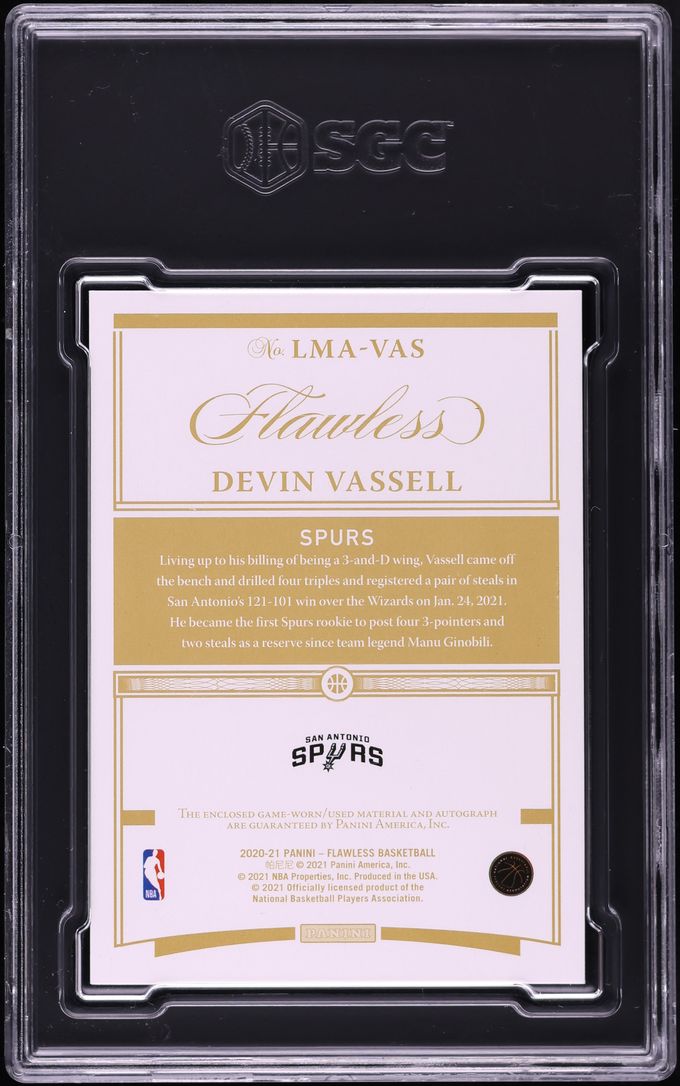 2020 Panini Flawless Devin Vassell ROOKIE NBA LOGOMAN PATCH AUTO 1/1 #LMA-VAS SGC 10 GEM MINT