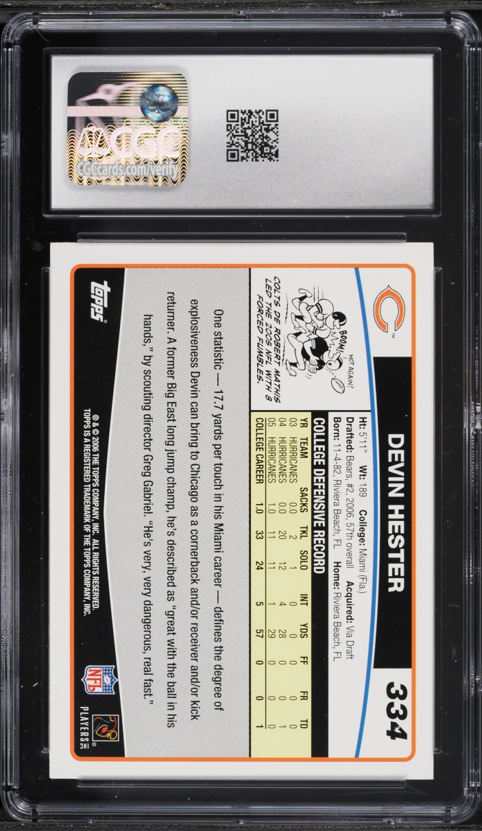 2006 Topps Football Devin Hester ROOKIE #334 CGC 8.5 NM-MT+