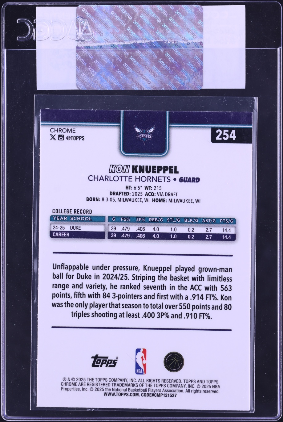 2025 Topps Chrome Kon Knueppel ROOKIE #254 CGC AUTH