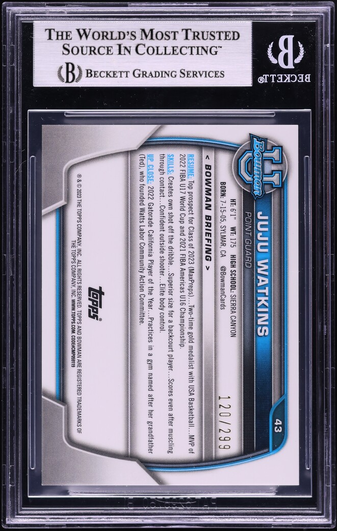 2022 Bowman Chrome University Aqua Wave Refractor Juju Watkins ROOKIE /299 #43 BGS 8.5 NM-MT+