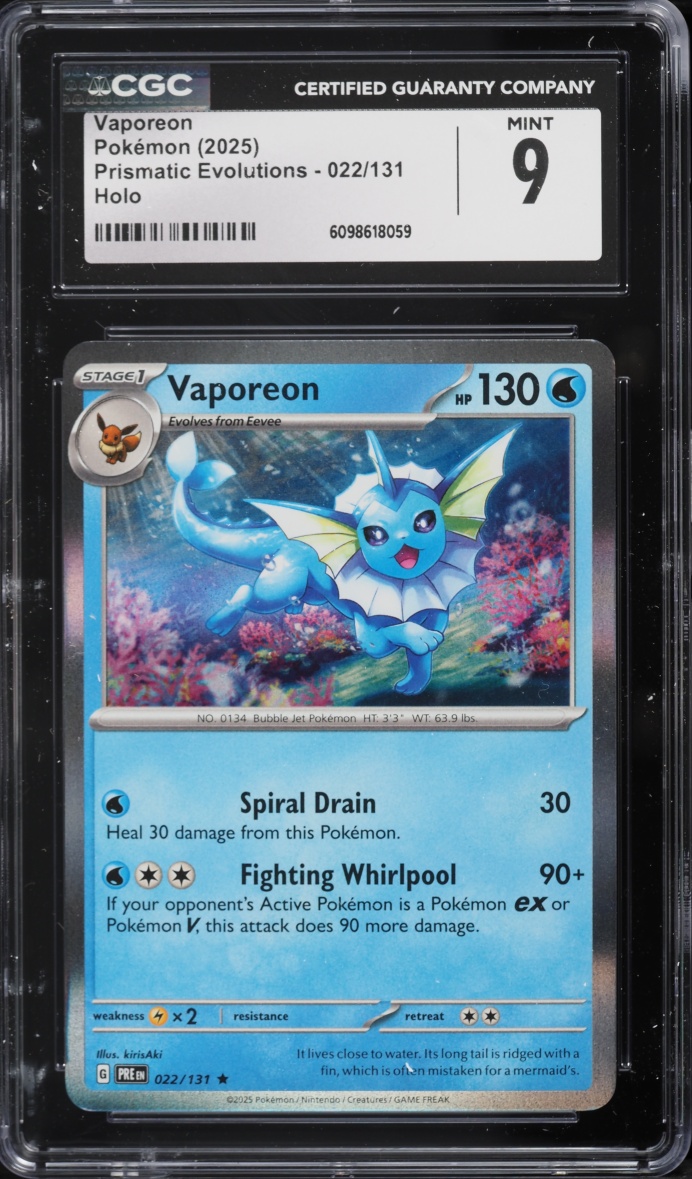 2025 Pokemon Scarlet & Violet Prismatic Evolutions Holo Vaporeon #22 CGC 9 MINT