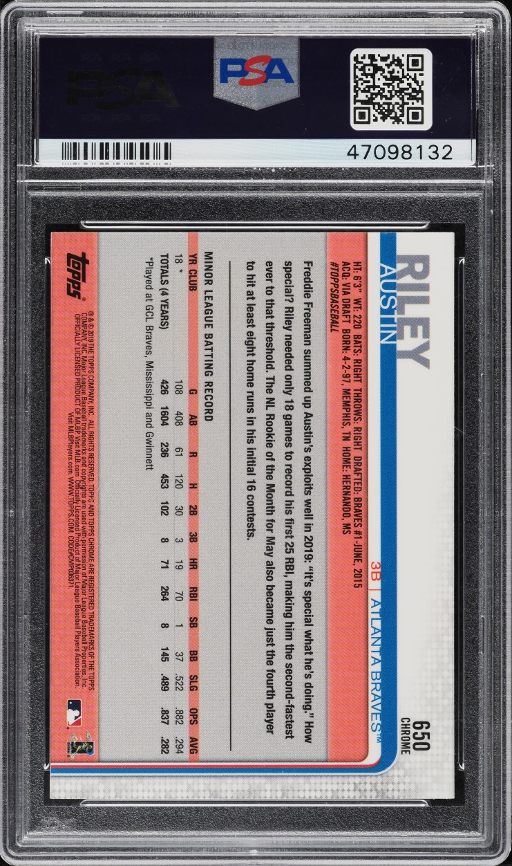 2019 Topps Chrome Sapphire Austin Riley ROOKIE #650 PSA 10 GEM MINT