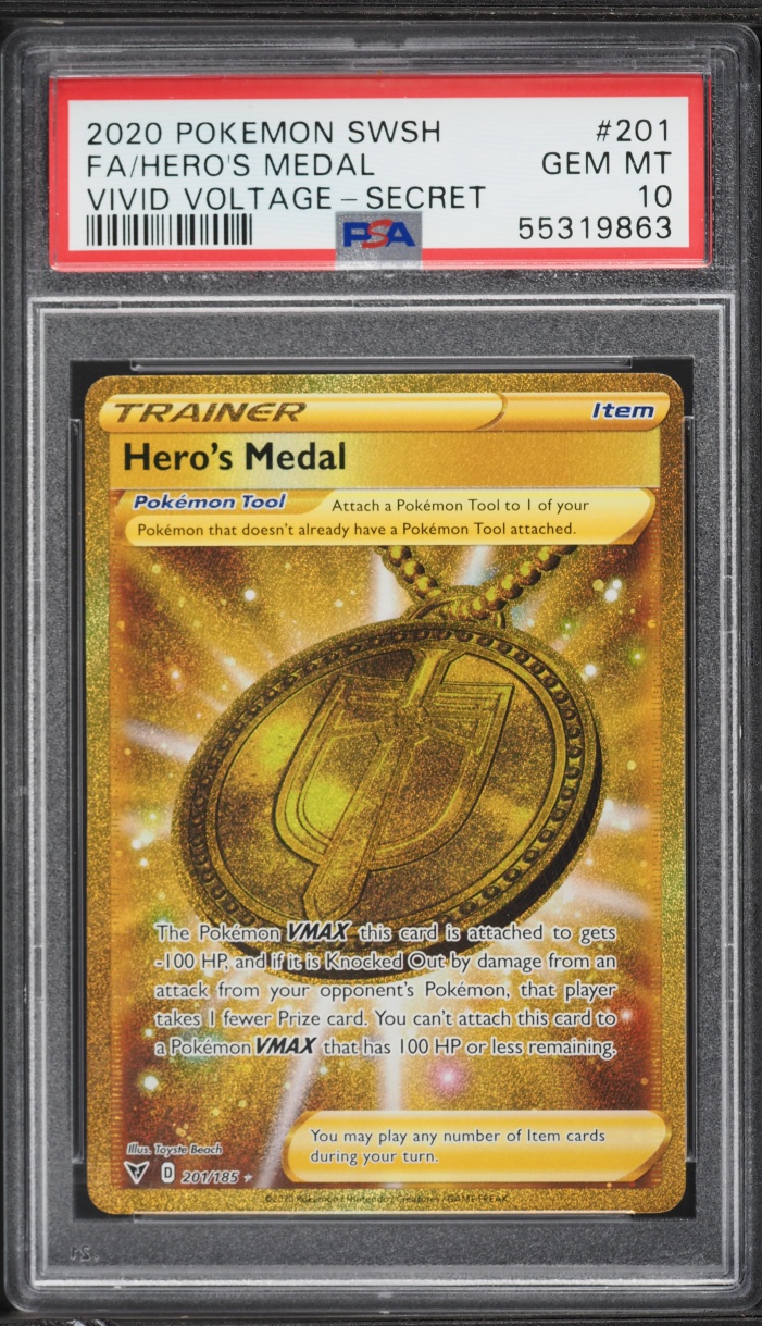 2020 Pokemon Sword & Shield Vivid Voltage Gold Rare Hero's Medal #201 PSA 10 GEM MINT