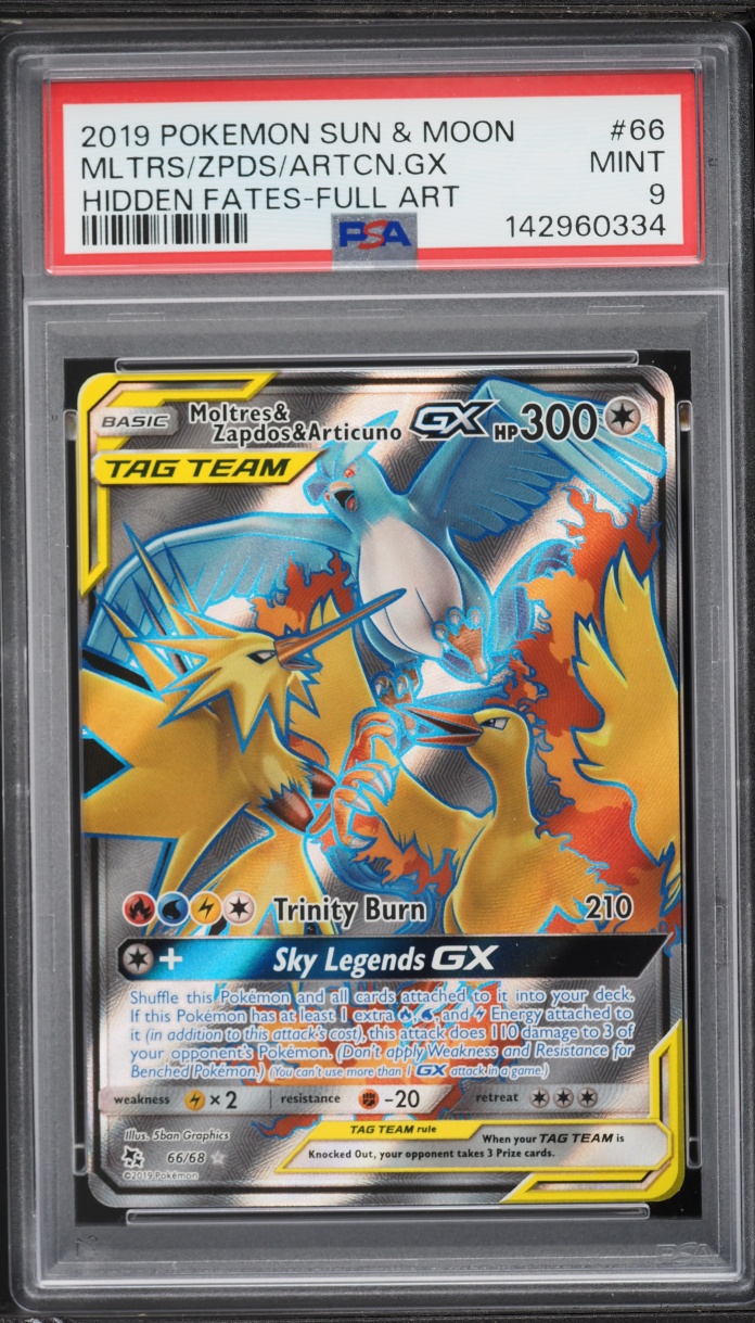 2019 Pokemon Sun & Moon Hidden Fates Full Art Moltres Zapdos Articuno GX #66 PSA 9 MINT