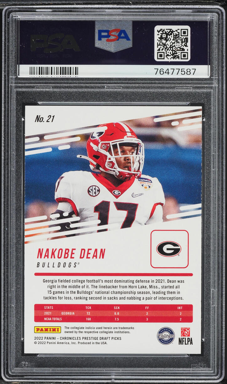 2022 Panini Chronicles Draft Picks Prestige Nakobe Dean ROOKIE #21 PSA 7 NRMT