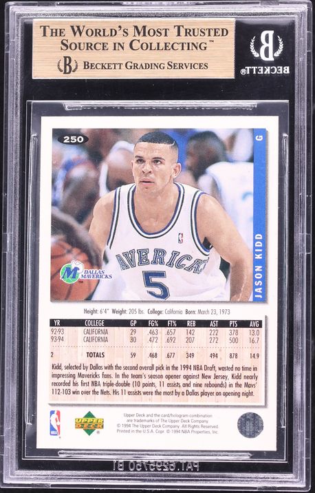 1994 Collector's Choice Gold Signature Jason Kidd ROOKIE #250 BGS 9.5 GEM MINT - Photo 2