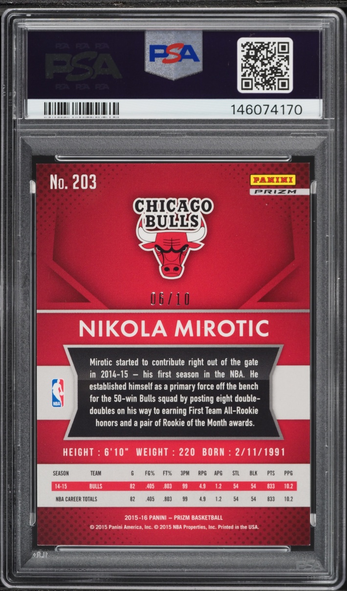 2015 Panini Prizm Gold Nikola Mirotic /10 #203 PSA 10 GEM MINT