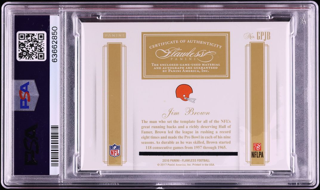 2017 Panini Flawless '16 Update 16 Grea Dual Jim Brown PATCH AUTO /5 #GPJB PSA 10 GEM MINT