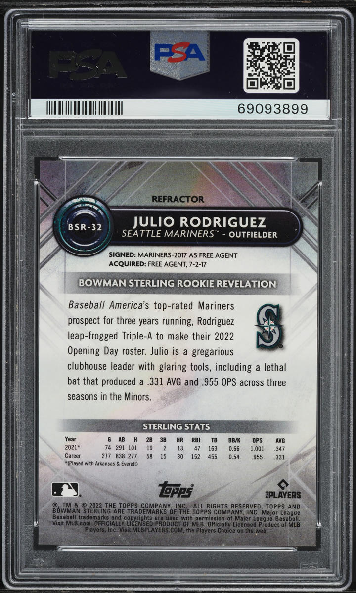 2022 Bowman Sterling Refractor Julio Rodriguez ROOKIE /199 #BSR-32 PSA 10 GEM