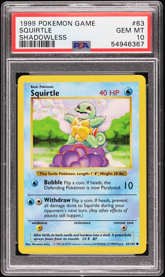 1999 Pokemon Base Set Shadowless Squirtle #63 PSA 10 GEM MINT