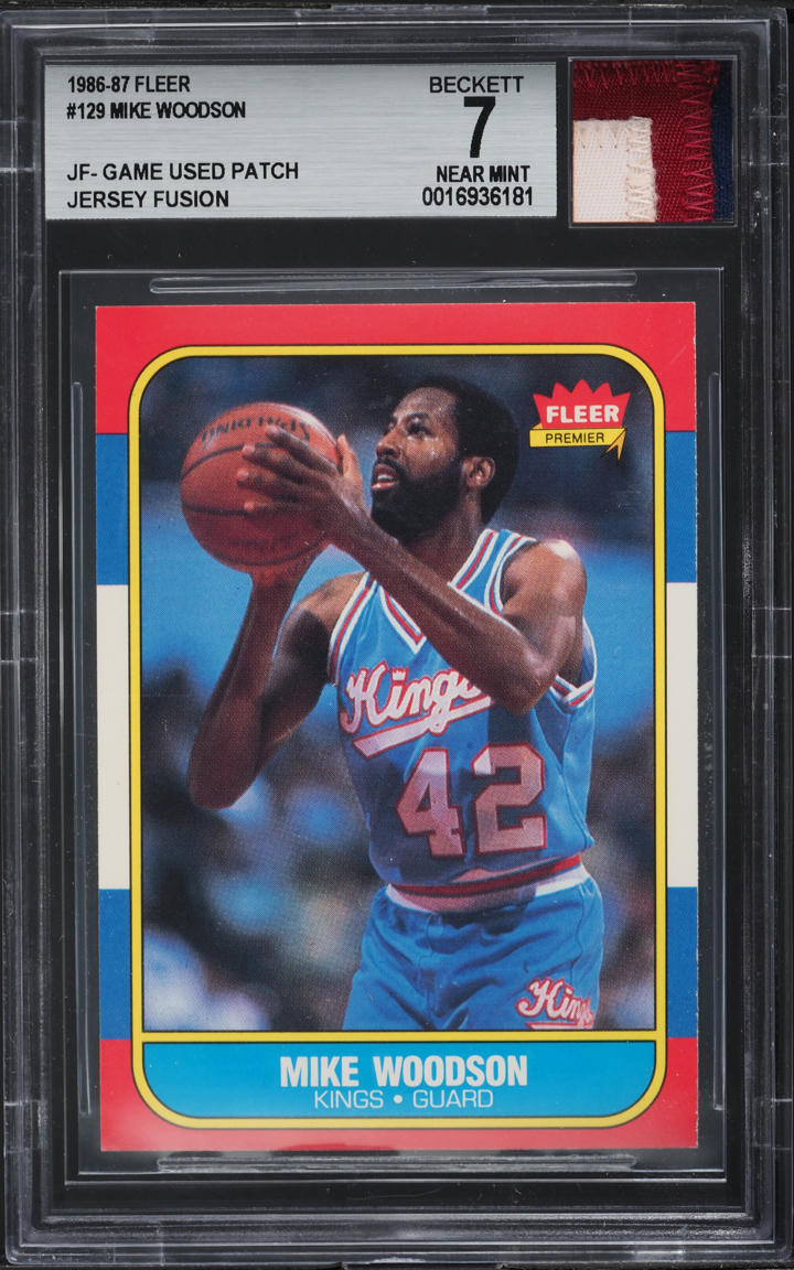 1986 Fleer Basketball Mike Woodson GAME USED PATCH #129 BGS 7 NRMT