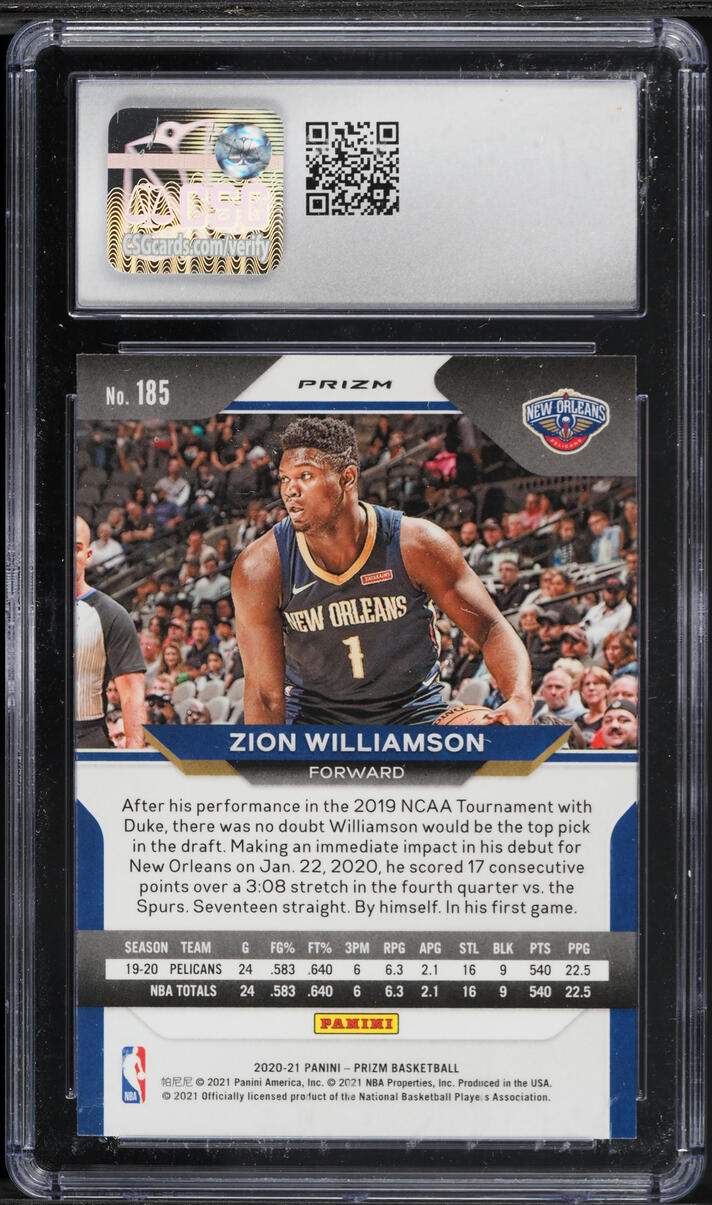 202O Panini Prizm Silver Zion Williamson #185 CSG 10 GEM MINT