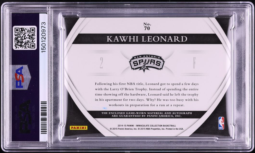 2014 Immaculate Collection Premium Gold Kawhi Leonard PATCH AUTO /10 #70 PSA 7 NRMT - Photo 2
