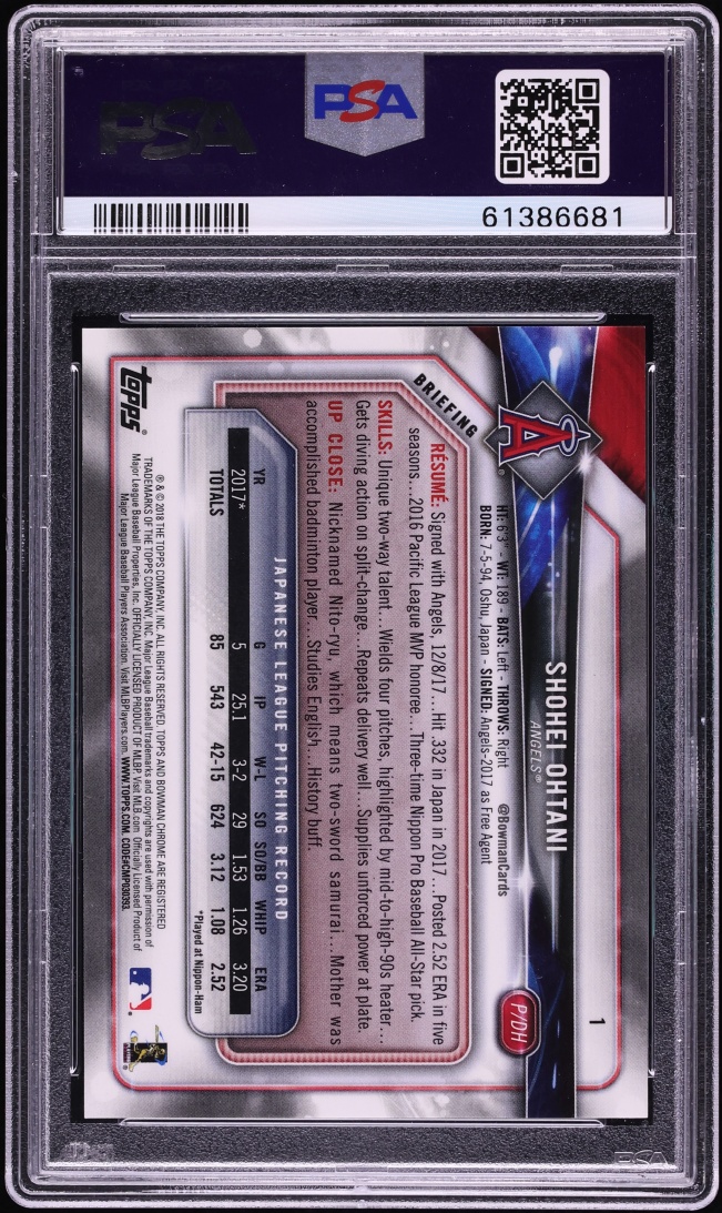 2018 Bowman Chrome Carrying Bag Shohei Ohtani ROOKIE #1 PSA 10 GEM MINT