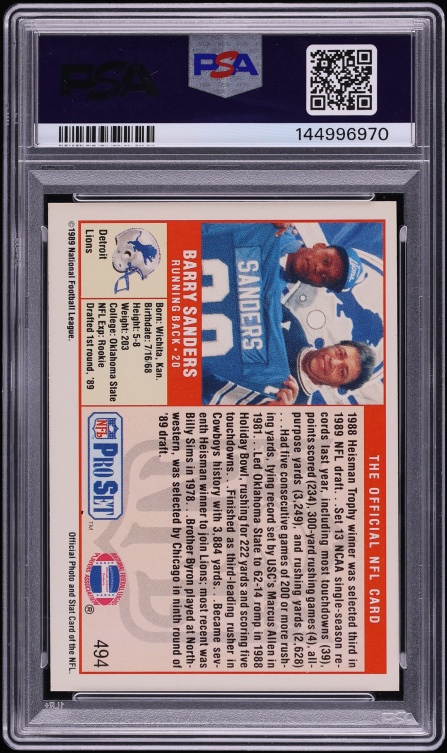 1989 Pro Set Football Barry Sanders ROOKIE #494 PSA 7 NRMT