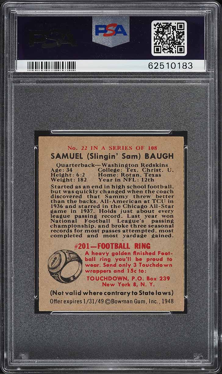1948 Bowman Football Sammy Baugh ROOKIE #22 PSA 6 EXMT