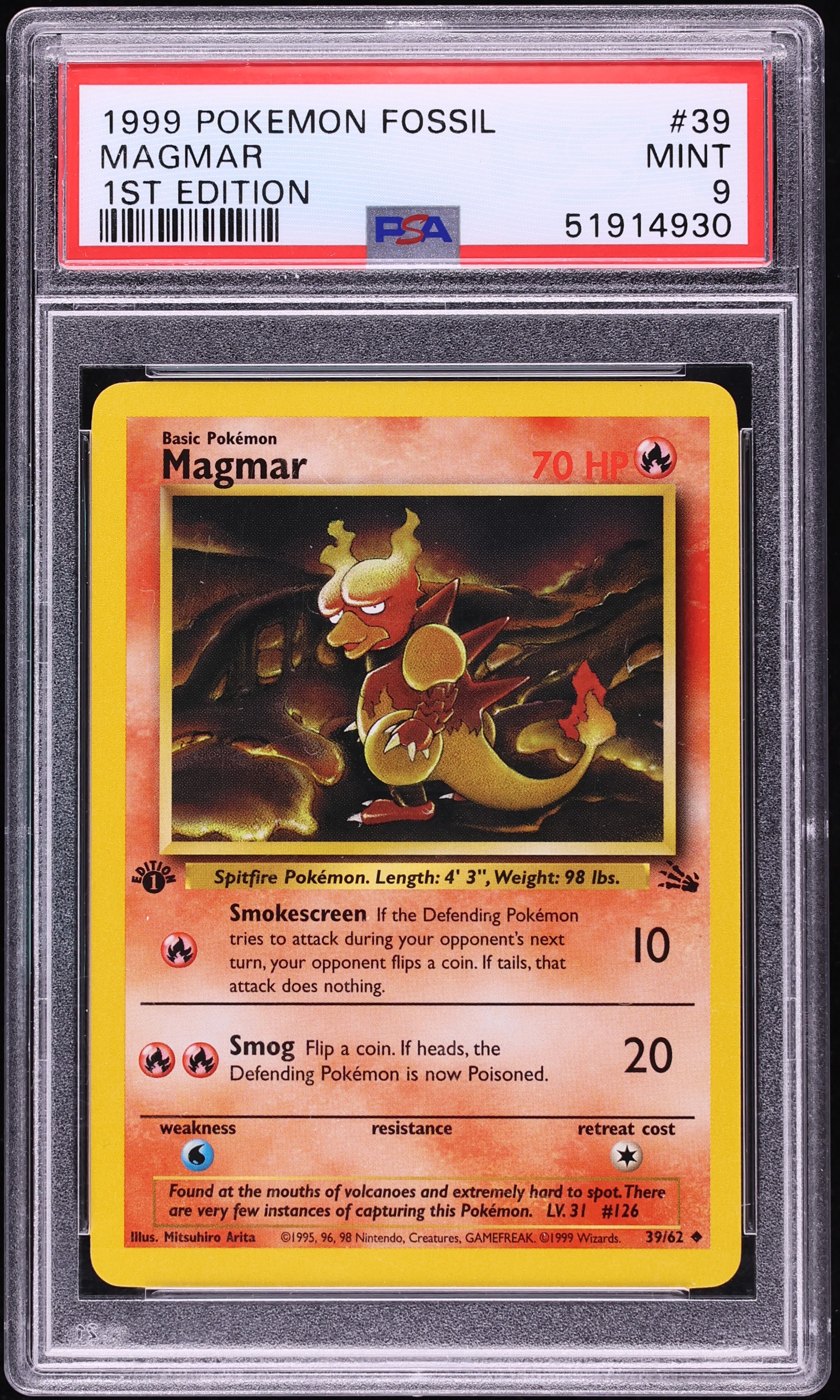 1999 Pokemon Fossil 1st Edition Magmar #39 PSA 9 MINT