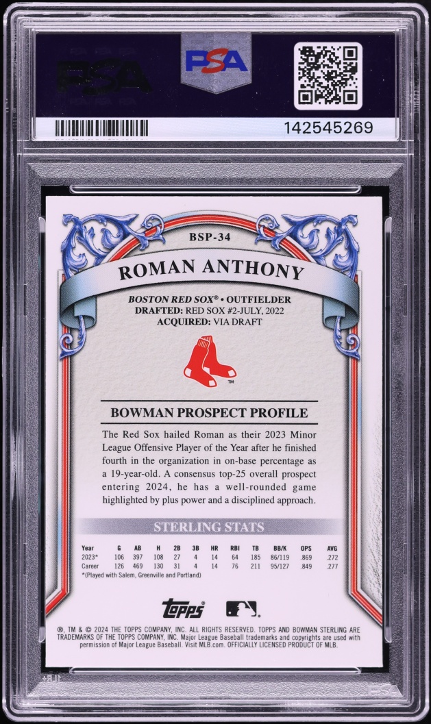 2024 Bowman Sterling Silver Refractor Roman Anthony PROSPECT /100 #BSP34 PSA 10 GEM MINT