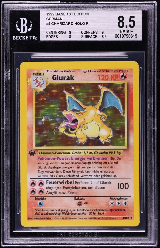 1999 Pokemon German Base Set 1st Edition Holo Charizard Glurak #4 BGS 8.5 NM-MT+