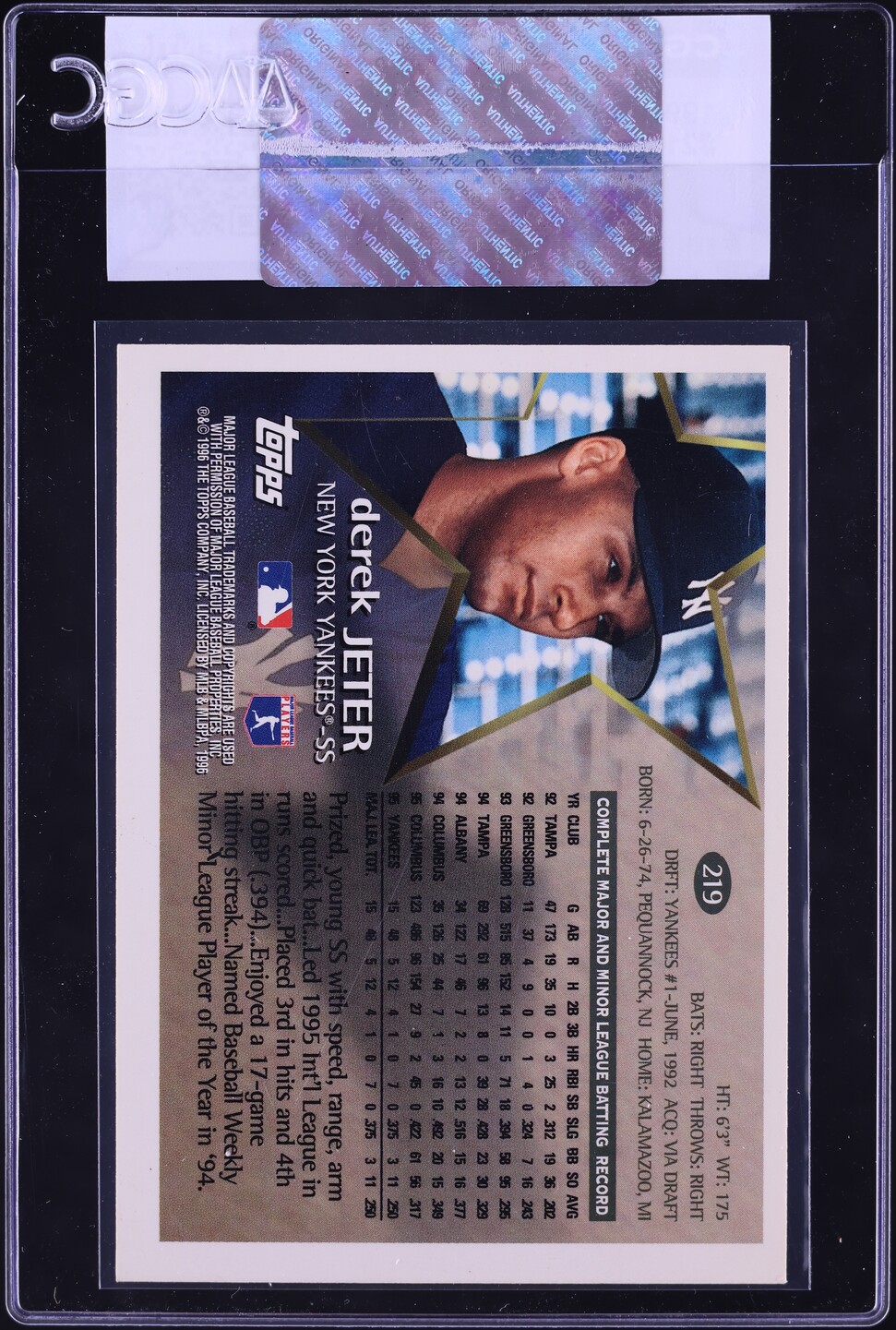 1996 Topps Derek Jeter ROOKIE #219 CGC AUTH