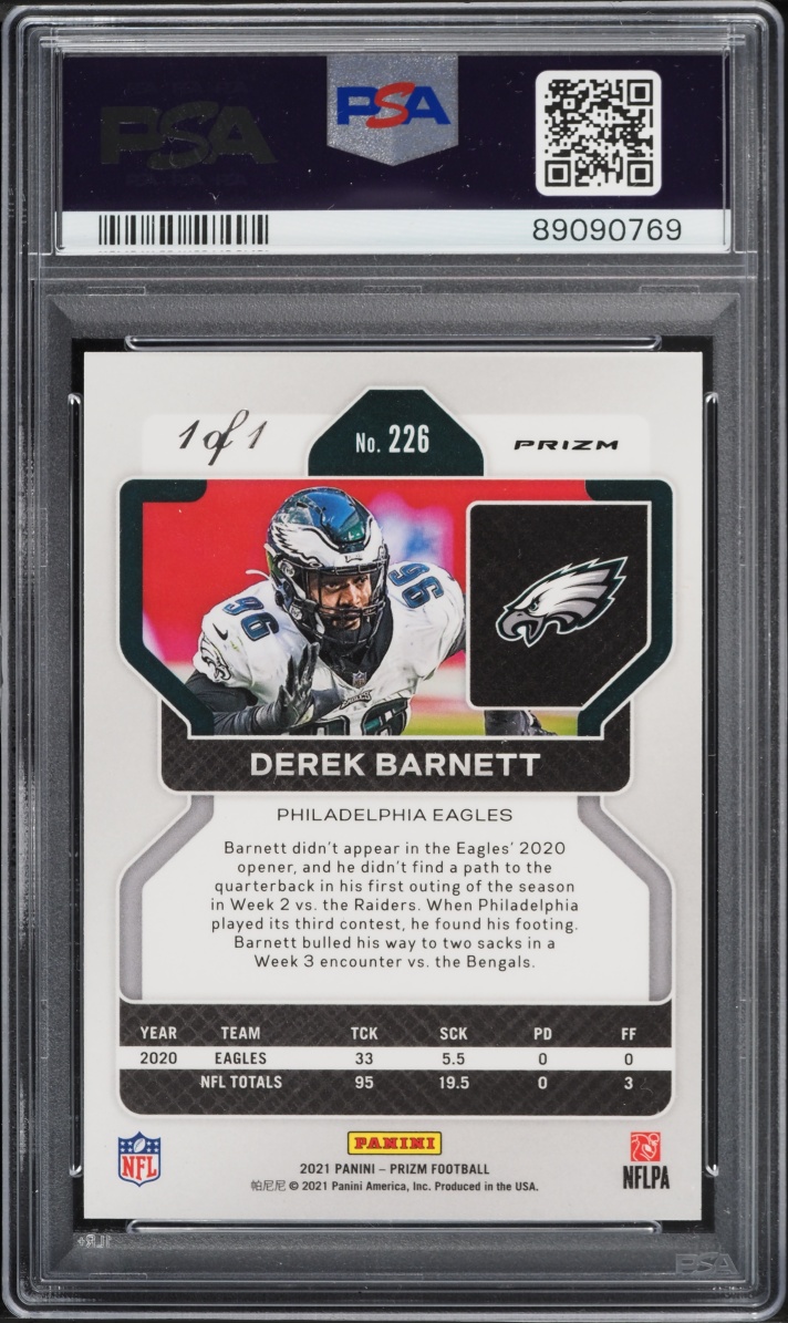 2021 Panini Prizm Black Finite Derek Barnett 1/1 #226 PSA 9 MINT