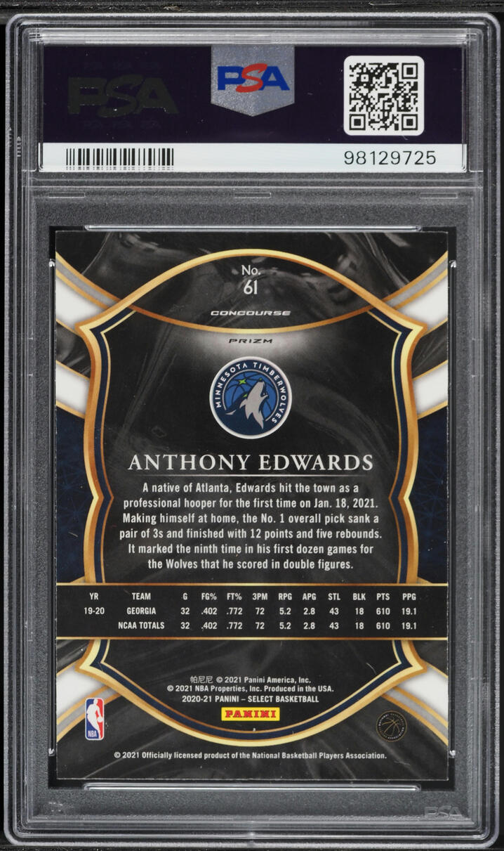 2020 Select Concourse Green White Purple Anthony Edwards ROOKIE #61 PSA 9 MINT