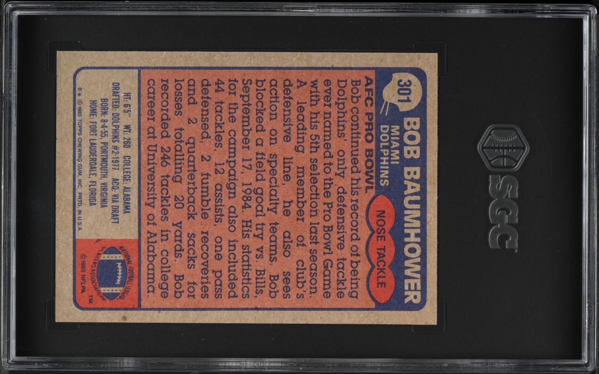 1985 Topps Football Bob Baumhower #301 SGC 8 NM-MT