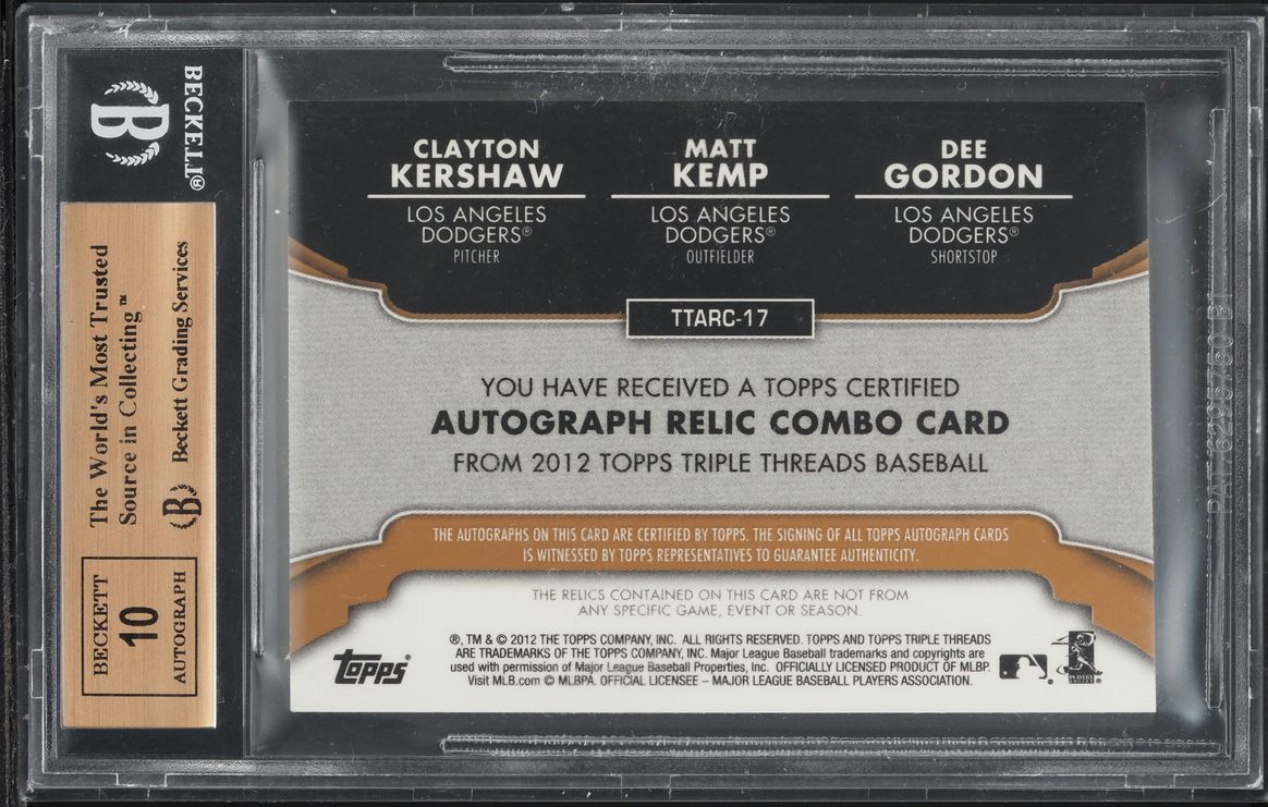 2012 Topps Triple Threads Sepia Kershaw Kemp Gordon PATCH AUTO /27 BGS 9.5
