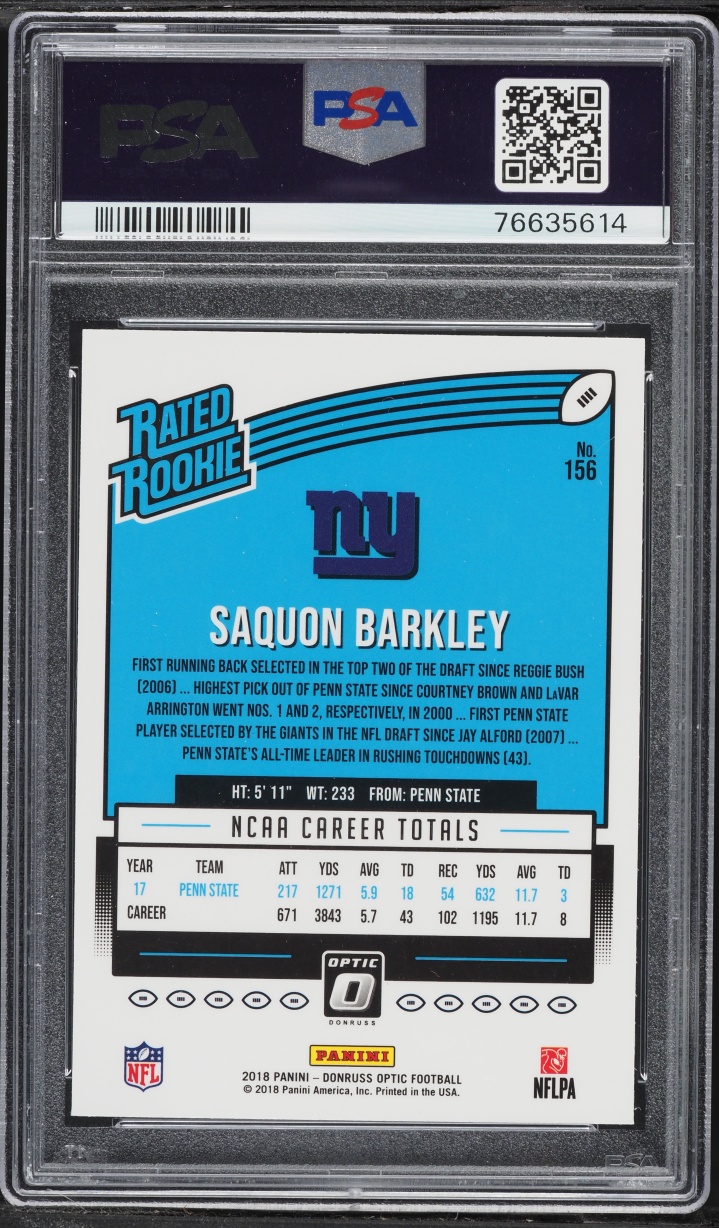 2018 Donruss Optic Saquon Barkley ROOKIE #156 PSA 9 MINT