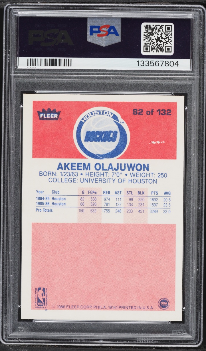 1986 Fleer Basketball Hakeem Olajuwon ROOKIE #82 PSA 8 NM-MT