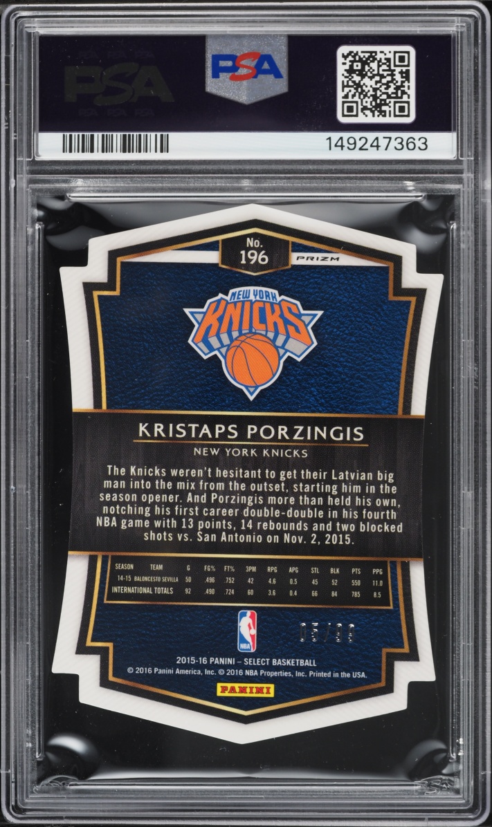 2015 Select Purple Prizm Die-Cut Kristaps Porzingis ROOKIE /99 #196 PSA 10 GEM MINT