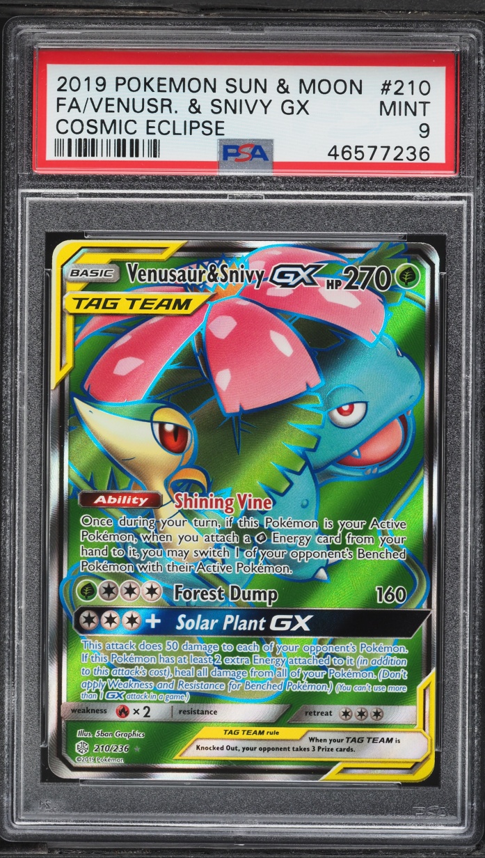 2019 Pokemon Sun & Moon Cosmic Eclipse Full Art Venusaur & Snivy GX #210 PSA 9 MINT