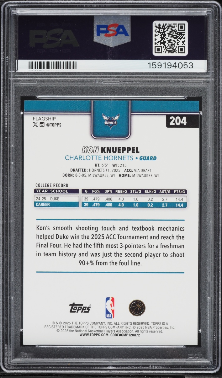 2025 Topps Basketball Kon Knueppel ROOKIE #204 PSA 10 GEM MINT