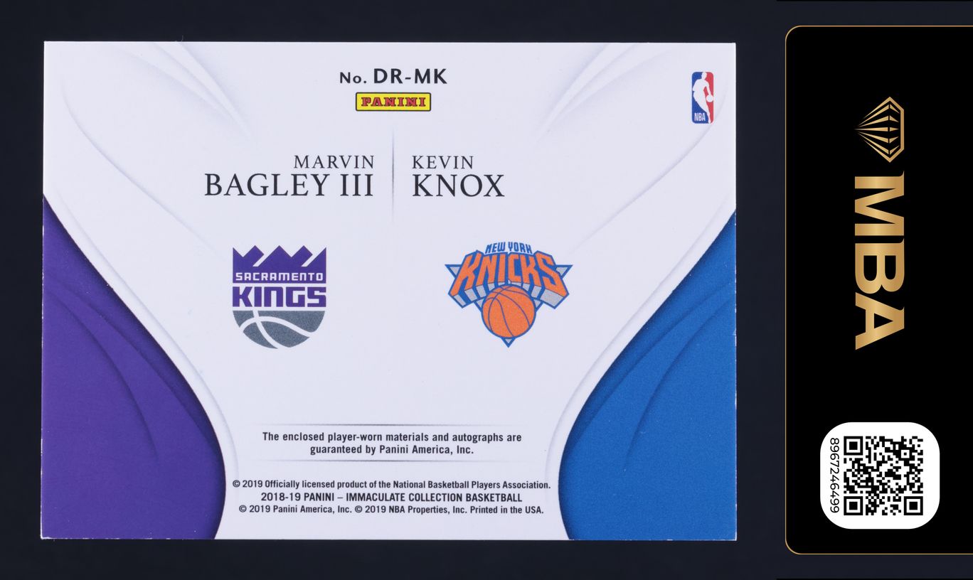 2018 Immaculate Marvin Bagley III Kevin Knox RC LOGOMAN PATCH AUTO 1/1 MBA AUTH