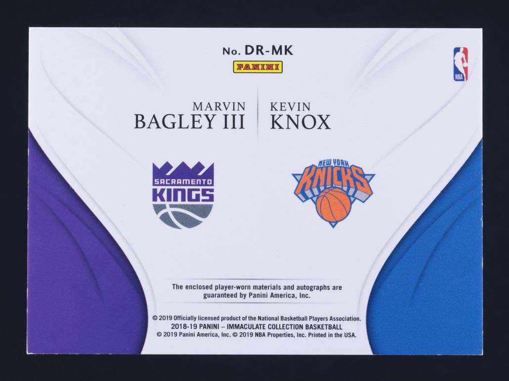 2018 Immaculate Marvin Bagley III Kevin Knox RC LOGOMAN PATCH AUTO 1/1 MBA AUTH