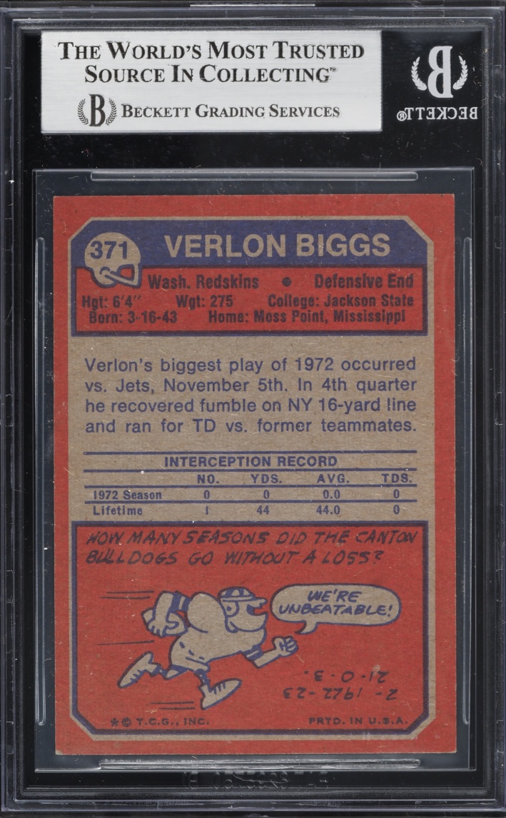 1973 Topps Football Verlon Biggs #371 BGS 6.5 EX-MT+