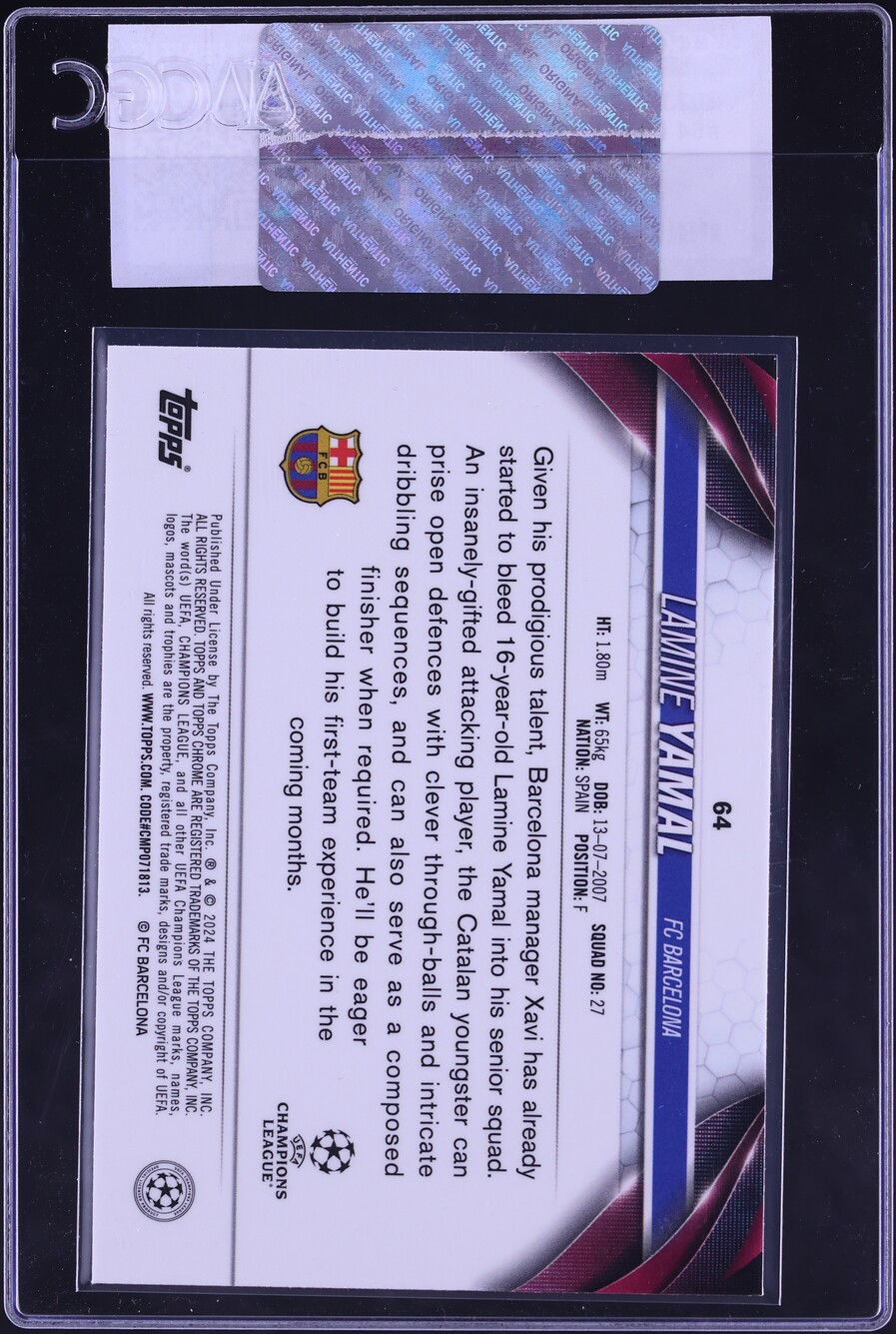 2023 Topps Chrome UEFA Club Competitions Lamine Yamal ROOKIE #64 CGC AUTH