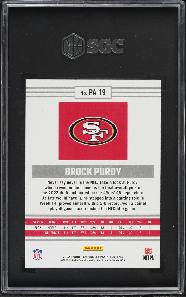 2022 Panini Chronicles Pink Brock Purdy ROOKIE #PA-19 SGC 10 GEM MINT